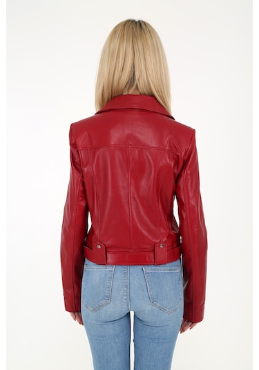 DERİNSS DKA99020 Hakiki Deri Kadın Kırmızı Mont