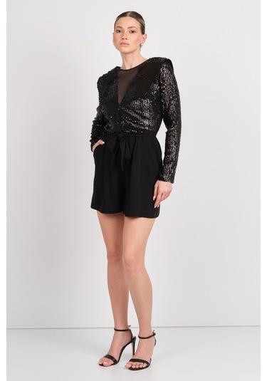Explosion Kadın Ön - Arka Derin V Yaka Ve Transparan Payetli Kısa Abiye Tulum 2419 Siyah Siyah