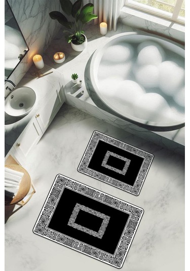 Yıkanabilir Kaymaz Tabanlı Modern Desenli 2'li Banyo Paspas Takımı Bps0043 Renkli