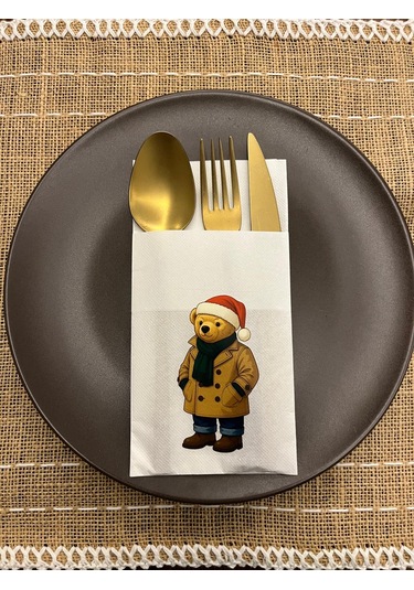 Kırmızı Şapkalı Sevimli Ayı Baskılı Yılbaşı Kanguru Cepli Peçete Beyaz12 Adet