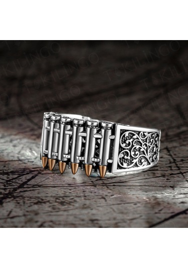 925 Ayar Gümüş Kurşun Motifli Usta İşi Erkek Yüzük Gümüş