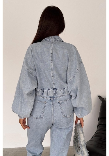 Kadın Açık Mavi Kısa Denim Ceket Elastik Manşetli Crop Model Mavi