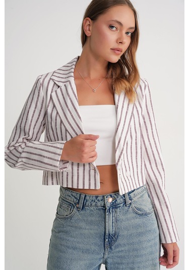 4641 Kadın Keten Çizgili Crop Ceket Bordo Bordo