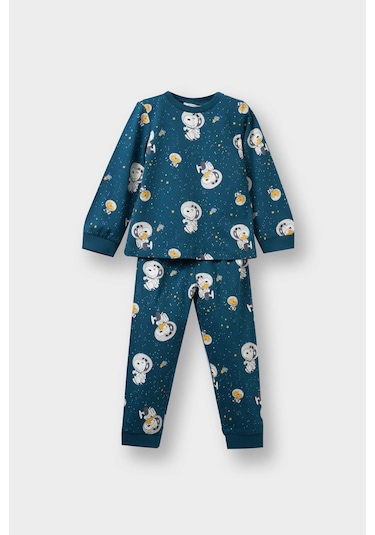 Defacto Erkek Bebek Snoopy Pijama Takımı Uzun Kollu Penye Üst Uzun Alt F3580a525aube785 Mavi
