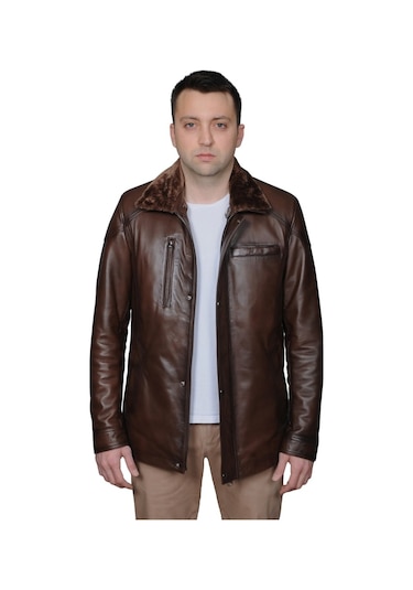 Derije Owen Hakiki Deri Erkek Kürklü Kestane Karartma Ceket-Mont-Kaban