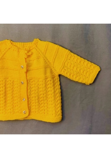 Uretti - Kadir 7704 - El Örgüsü Bebe Yün Robalı Yaka Kız Bebek Hırka - 10 / 12 Ay Sarı