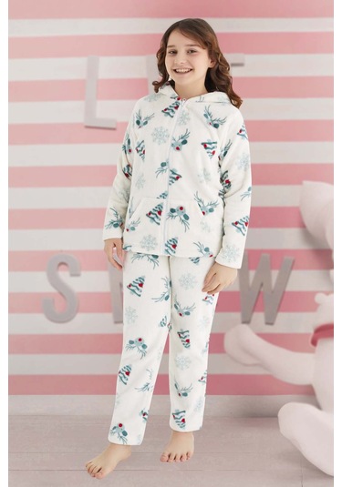 Kız Çocuk Desenli Polar Pijama Takımı 240527 Ekru Ekru