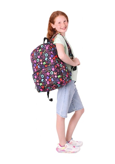 Kaukko Kız Çocuk Kalp Ve Kaukko Baskılı Siyah Okul Çantası - Üç Bölmeli - K1781 Siyah