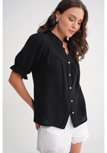 4725 Kadın Büzgü Robalı Kolu Fırfırlı Müslin Gömlek Siyah Siyah