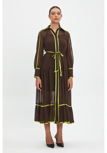 Şifon Ve Bağcıklı Midi Boy Elbise - Kontrast Şerit Detaylı - Günlük Ve Özel Günlük Şıklık Kahve