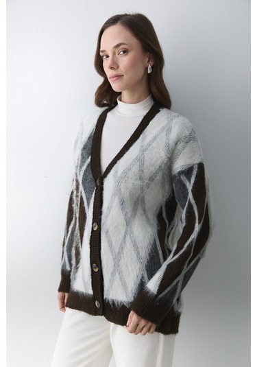 Koyu Kahverengi - Krem Baklava Desenli Hırka - 251090 Koyu Kahverengi