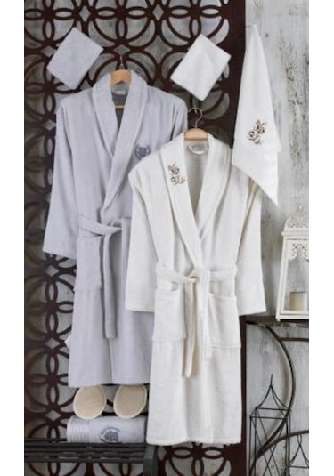 Güvenal Rüya 10 Parça Nakışlı Bornoz Seti | Bornoz Takımı Kahverengi - Pudra