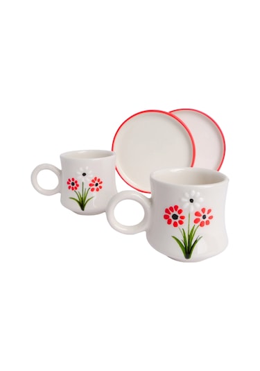 6 Lı Takım Kırmızı Papatya Desenli, El Yapımı Kazan Seramik Kahve Fincanı, Kahve Fincanı, Hand Made Beyaz