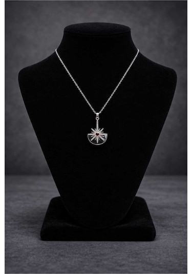 Güneş Motifli Kırmızı Taşlı Kolye Silver
