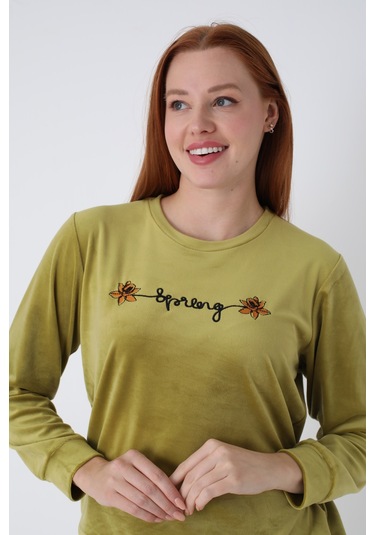 Fıstık Yeşili Kadife Yazı Detaylı Pijama Takımı Fıstık Yeşili