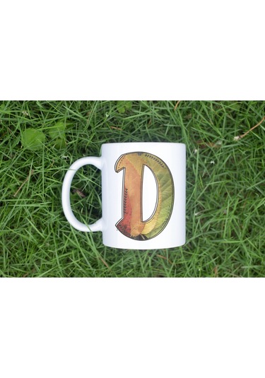 D Harf Yaprak Renkleri İle Kupa Bardak - Kişiye Özel Alfabe Harfli Bardak - Hediye Beyaz