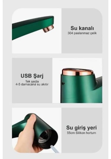 Akıllı Metalik Yeşil 600ml Damacana Su Pompası Otomatik Şarjlı