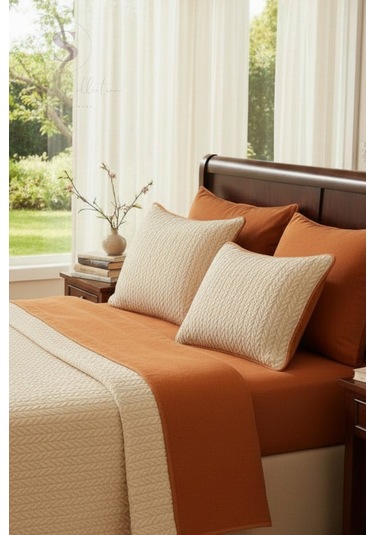 Turuncu-krem Örgü Desen Çift Kişilik Nevresim Takımı Pike Tkm Çok Renkli