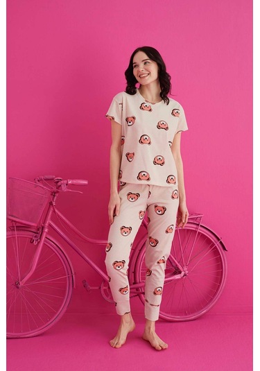 Kadın Baskılı Kısa Kollu Takım Waynap 4130 - Krem