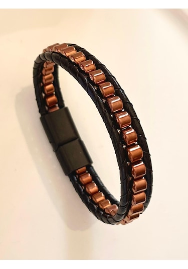 %100 Deri&hematit&çelik Kombinli Erkek Bileklik Boyut Net 21cm Siyah - Kahverengi