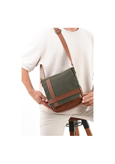 Kanvas Kumaş Tablet Çantası Erkek Postacı Çanta 27 23 Cm Çapraz Askılı Omuz Çantası Yeşil