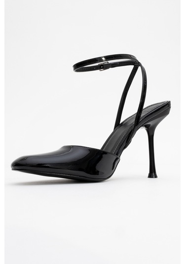 Blues Siyah Rugan Yuvarlak Burun Bilekten Bağlamalı Kadın Yüksek Topuklu Ayakkabı Siyah Rgn Siyah