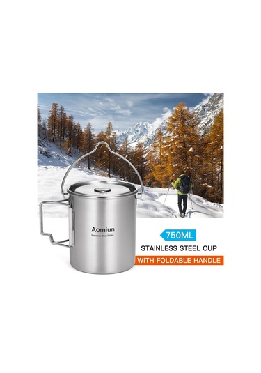 Aomiun 750ml Paslanmaz Çelik Tencere Taşınabilir Su Kupa Bardak Kapaklı Ve Katlanabilir Saplı Dış Mekan Gümüş