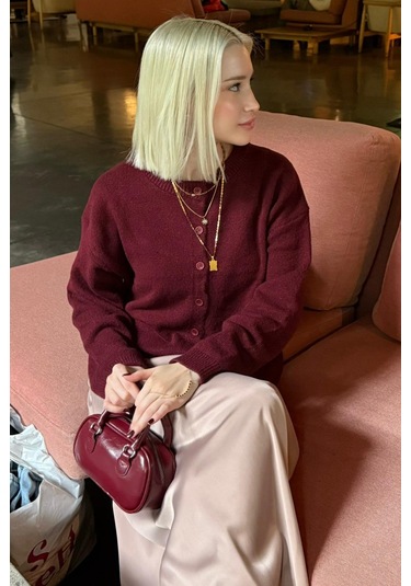 Madmext Bordo Rahat Kalıp Düğmeli Triko Kadın Hırka Mg2552 Bordo