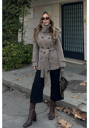 Vizon Ek Parça Yaka Detaylı Kaşe Kaban - 1125 Kum Rengi