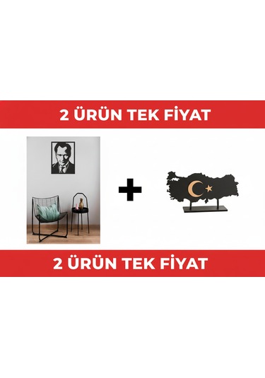 2 Ürün Al Tek Öde Atatürk Portre Ahşap Mdf + Türkiye Haritası