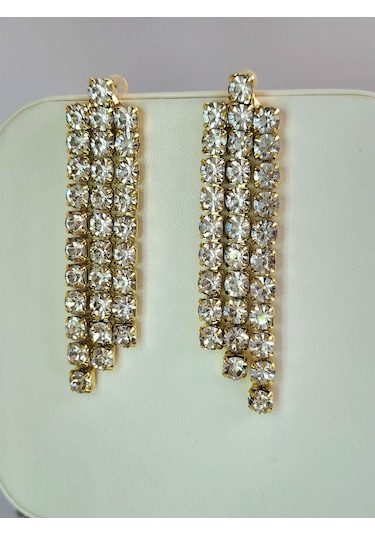 Taşlı Sallantılı Gold Renk Küpe Gold