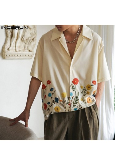 İncerun Yaz Baskı Erkek Kısa Kollu Tatil Günlük Salaş Gömlekler Bej