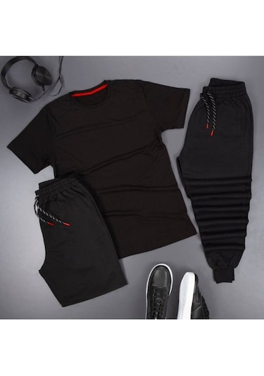 3'lü Spor Eşofman Takımı Kombini Siyah