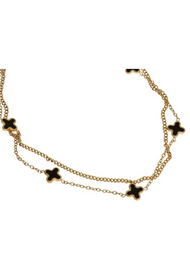 Kadın Siyah Yonca Detay İkili Zincir Çelik Halhal