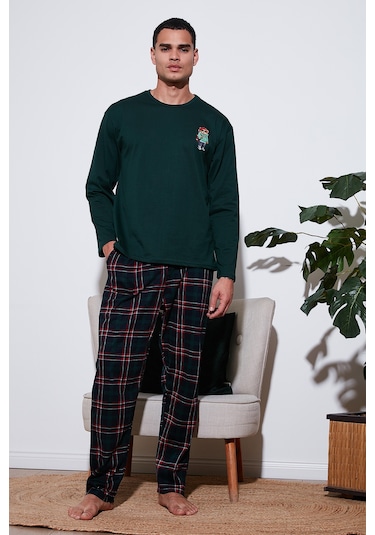 Buratti Ekoseli Regular Fit Yüksek Bel Cepli Bisiklet Yaka Erkek Pijama Takımı 6574002 Yeşil