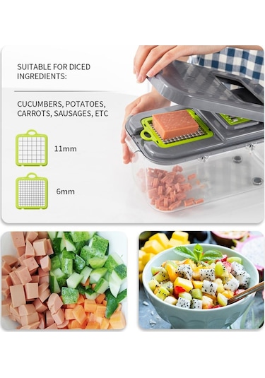 Cbtx 22'si 1 Arada Çok Fonksiyonlu Gıda Parçalayıcı Rende Soğan Dicer Sebze Kesici, 13 Paslanmaz Çelik Bıçaklı Gri