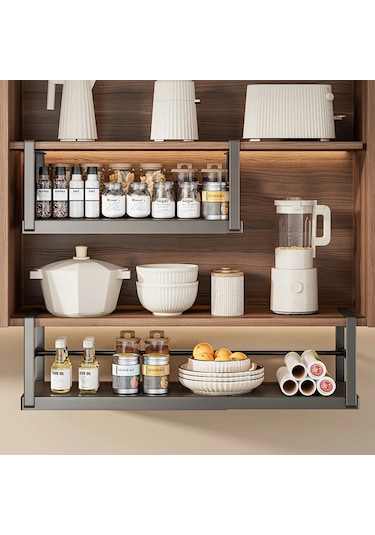 Honeybeeshop 1 Adet Siyah Büyük Ayarlanabilir Metal Dolap Rafı Baharat Şişeleri Ve Soslar İçin Genişletilebilir Mutfak Depolama Rafı