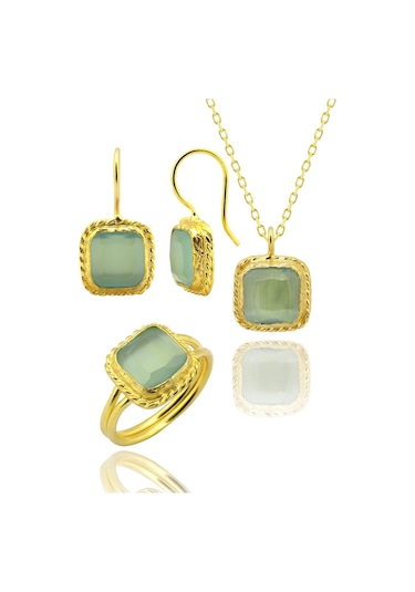 Beyisa Güneş Taşı Serisi Sarma Kare Kesim Renkli 22 Ayar Altın Kaplama Kadın Üçlü Set