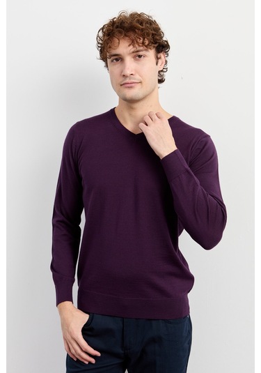 Erkek Basic V Yaka İnce Triko Kazak Mor Mor
