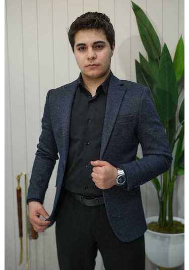 Bys Beystil Sivri Yaka Lacivert Kırçıllı Ceket 50675- Slim Fit