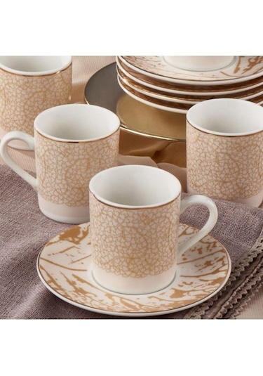 Güral Porselen Camelıa 12 Parça 6 Kişilik Bone Türk Kahvesi Fincan Takımı - 2511 Bej
