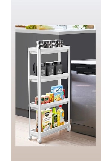 Tekerlekli Dikdörtgen 4 Katlı Raf Ünitesi Beyaz Banyo Mutfak Düze Beyaz