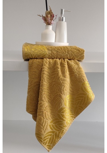 2'li Jakarlı Yaprak Desenli %100 Pamuk El Yüz Havlusu-50x90cm Hardal Hardal