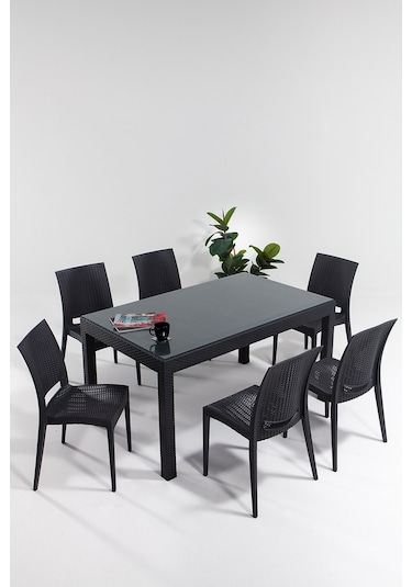 Rattan Camlı 90x150 Bahçe&balkon&teras Masa Seti - Antrasit Gri