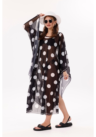Tarzını Seç Kimono Pareo - Tesettür Pareo - Puantiyeli Siyah 240x135 Cm Çok Renkli