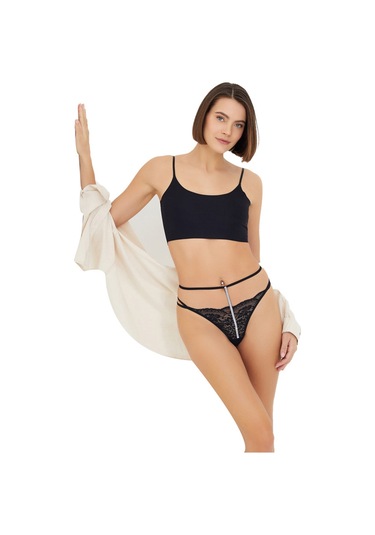 Siyah Dantelli Taş Detaylı Ayarlanabilir Lastikli Kadın Tanga Külot