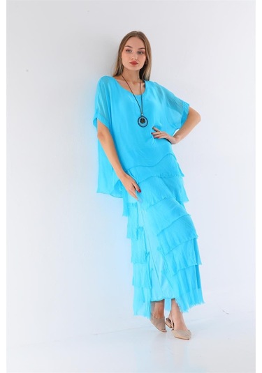 İtalyan 2 Beden İnce Gösteren Yarım Kol Kat Kat Ipek Elbise Turkuaz