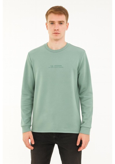 Erkek Slim Fit Uzun Kol Sıfır Yaka Sweatshırt-7390 Yeşil