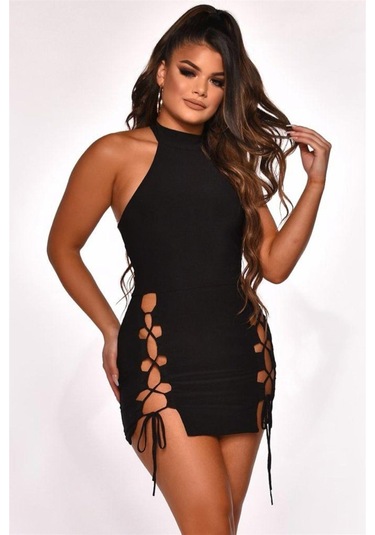 Yırtmaçlı Mini Elbise Siyah