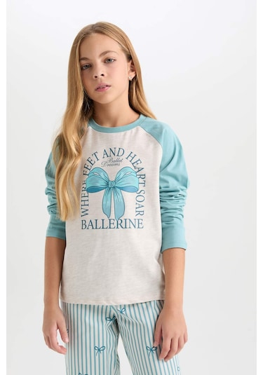 DeFacto Kız Çocuk Pijama Takımı Bisiklet Yaka Baskılı Uzun Kollu Üst Çizgili Uzun Alt D6059A824AUGN1209 Yeşil